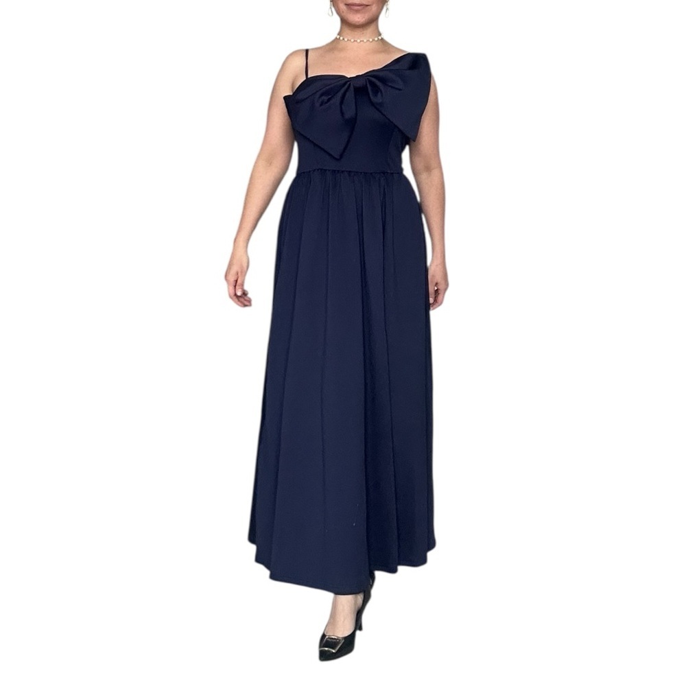 Navy long Dress with Statement asymmetrical Bow - Size Small - Picture 5 of 11